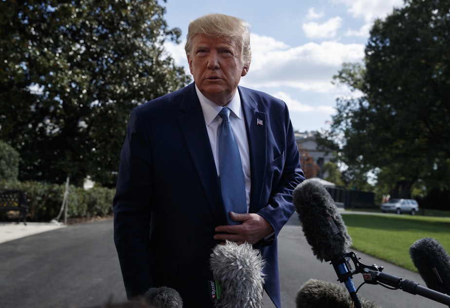 caption: President Trump talks to reporters on the South Lawn of the White House on Friday, demanding that the House formally vote on an impeachment inquiry before responding to lawmakers' requests for documents.