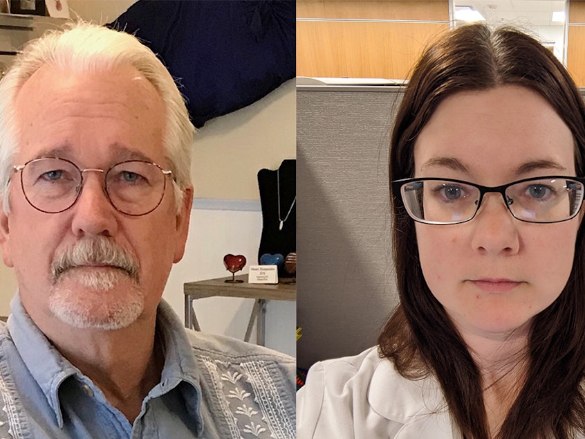 caption: Shannon Doty (right) tells her father, Dan Flynn (left), in a remote StoryCorps conversation, that his dedication to help others inspired her goal to work in the medical field.