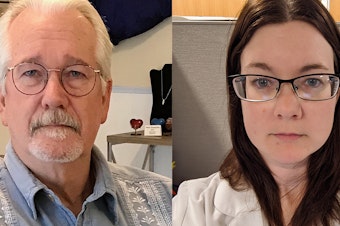 caption: Shannon Doty (right) tells her father, Dan Flynn (left), in a remote StoryCorps conversation, that his dedication to help others inspired her goal to work in the medical field.