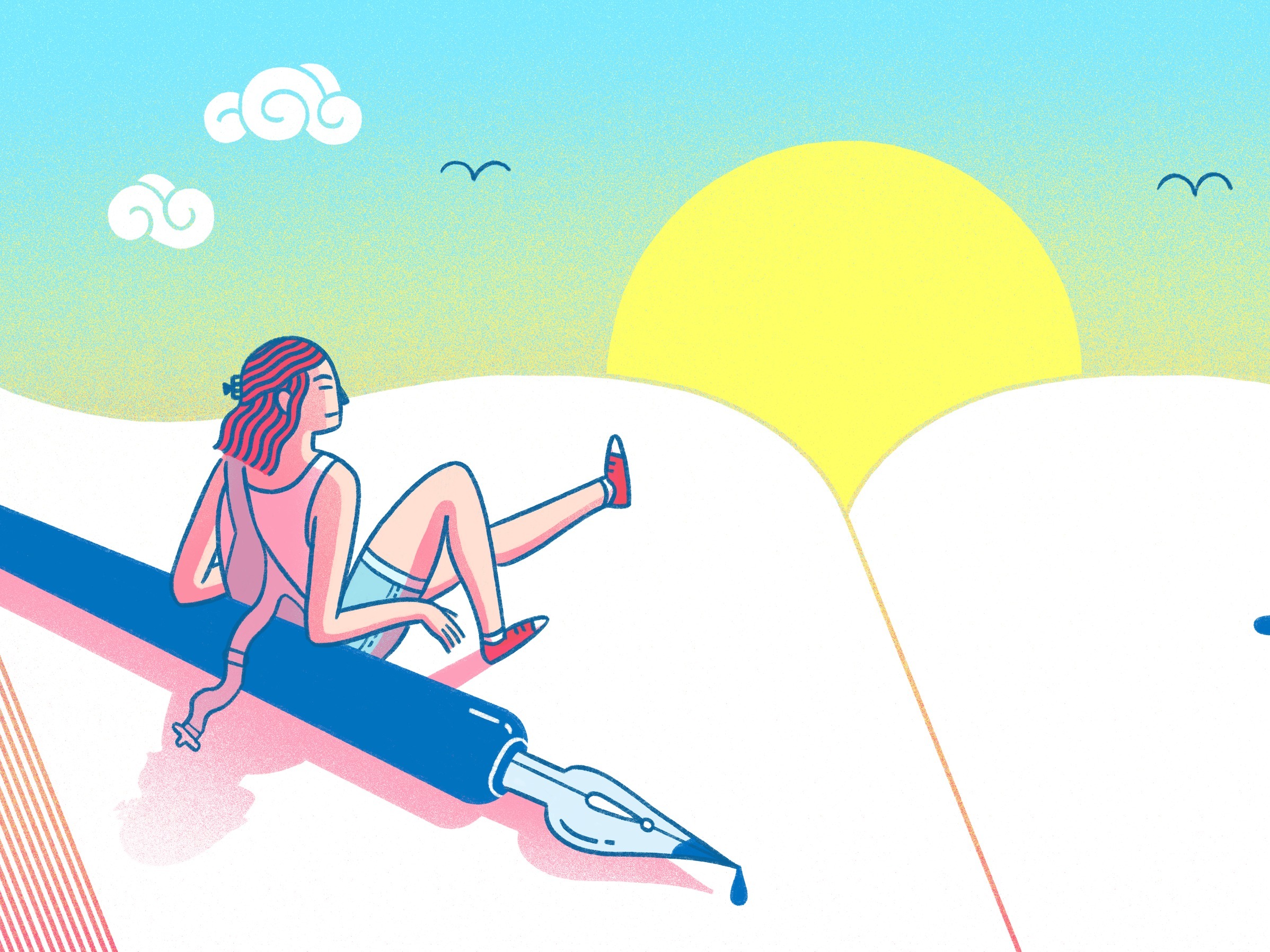 A woman sitting on a blank planner watching the sunset.