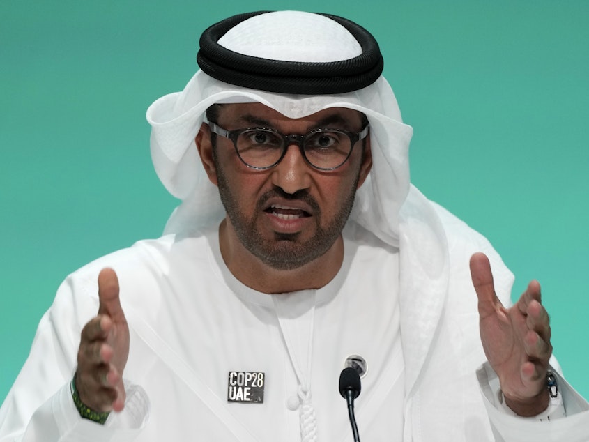 caption: Sultan al-Jaber, who is leading the COP28 United Nations climate talks underway in the United Arab Emirates, speaks during a news conference on December 4, 2023. In a meeting shortly before talks began, he incorrectly insisted that it is not necessary to phase out fossil fuels in order to avoid catastrophic global warming.