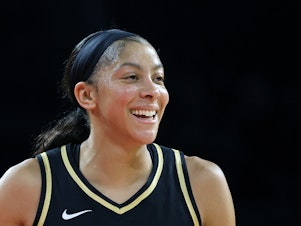 caption: Candace Parker #3 of the Las Vegas Aces is pictured at Michelob Ultra Arena on July 1, 2023 in Las Vegas. Parker announced her retirement on Sunday.