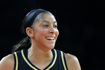 caption: Candace Parker #3 of the Las Vegas Aces is pictured at Michelob Ultra Arena on July 1, 2023 in Las Vegas. Parker announced her retirement on Sunday.