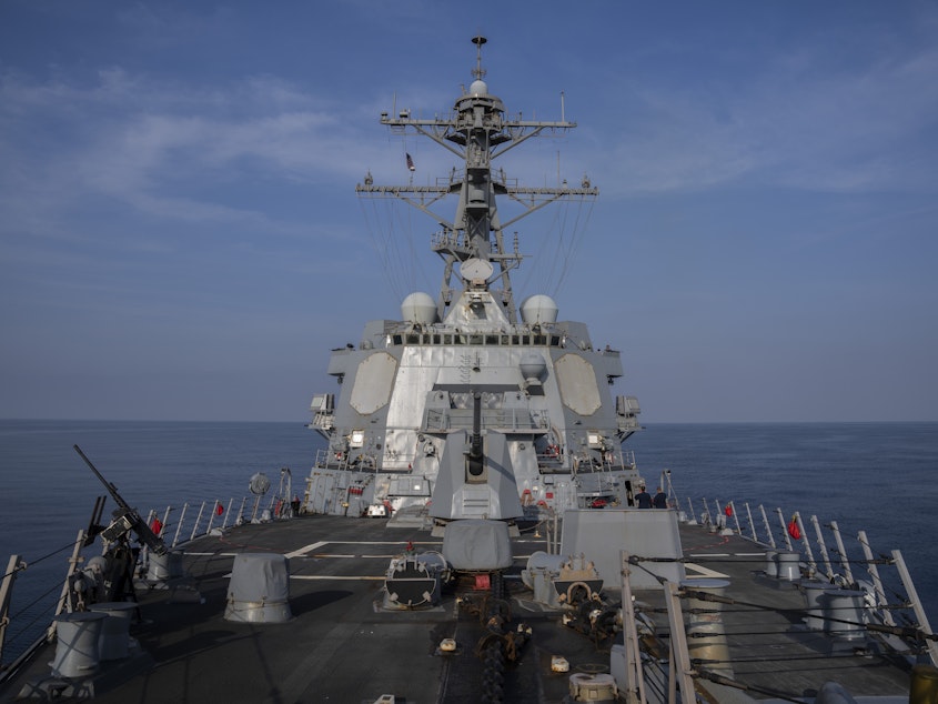 caption: The U.S.S. Gravely destroyer is seen in the south Red Sea on Tuesday, Feb. 13. CENTCOM said U.S. forces repelled five Houthi attacks on Saturday.