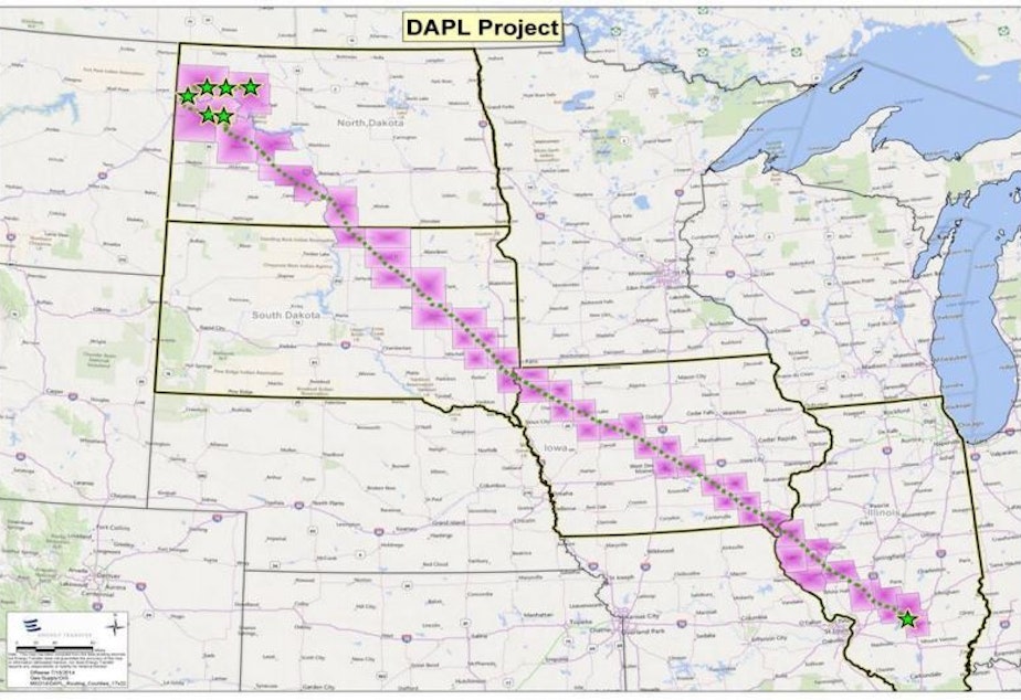 caption: The route for the proposed Dakota Access Pipeline, which links up with the Bakken Pipeline.