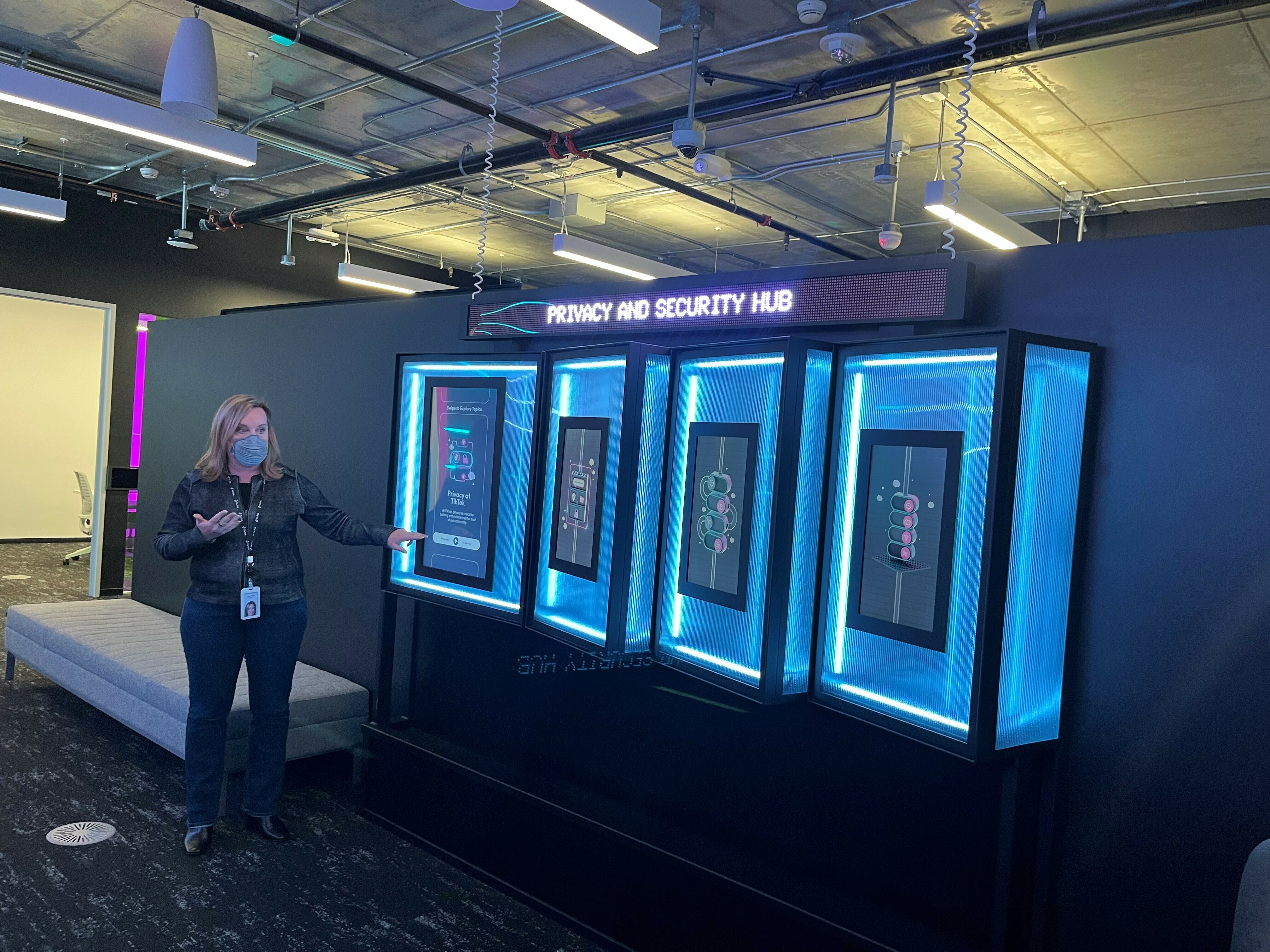 caption: A TikTok official gives a tour of the company's Transparency and Accountability Centers in the Los Angeles area.