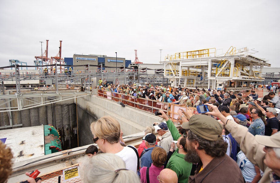 caption: Crowds gather at the launch site of Bertha, the state Route 99 tunnel machine.