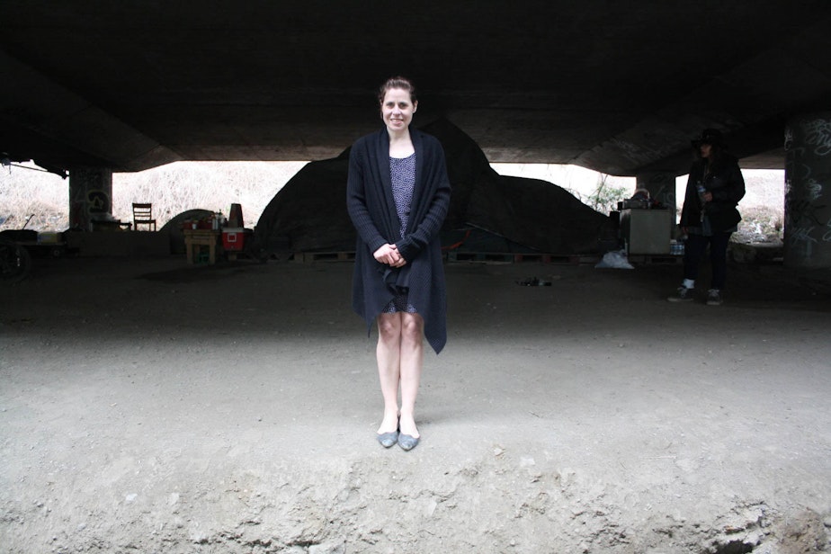 caption: Kara Bernstine, who was homeless when this photo was taken last year, lived in the Jungle, a homeless encampment that has since been cleared out. Most of those who lived here just moved into other camps.