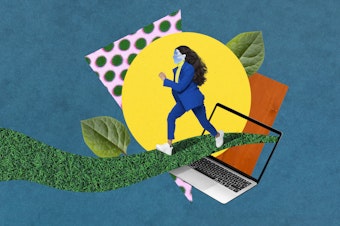Young business woman running along a grass pathway surrounded by colourful abstract shapes on a blue background. Her face is filled in with clouds.