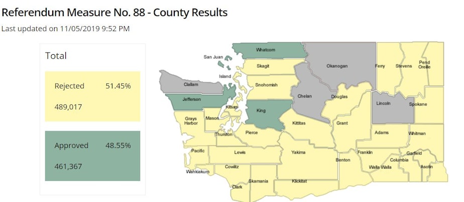 caption: A map from the Washington Secretary of State website that shows where voters approved a referendum to bring back affirmative action to the state. Voters in counties that are highlighted green support affirmative action (per early returns); voters in the yellow counties did not.  
