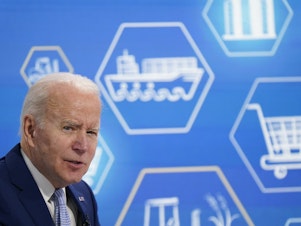 caption: President Joe Biden speaks Wednesday during a meeting with his task force on supply chain issues.