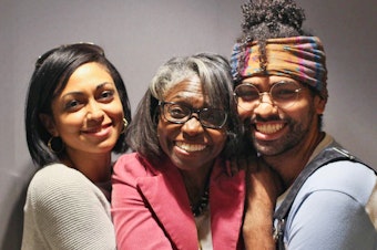 caption: At StoryCorps in Baltimore last month, retired Col. Denise Baken (center) told her children, Christian Yingling and Richard Yingling, about the discrimination she faced as a black woman in the Army.