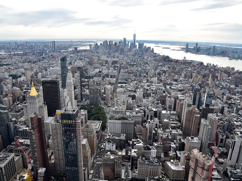 caption: A view of New York City from the Empire State Building on Tuesday. The city just had its first weekend without a single shooting in at least 25 years.