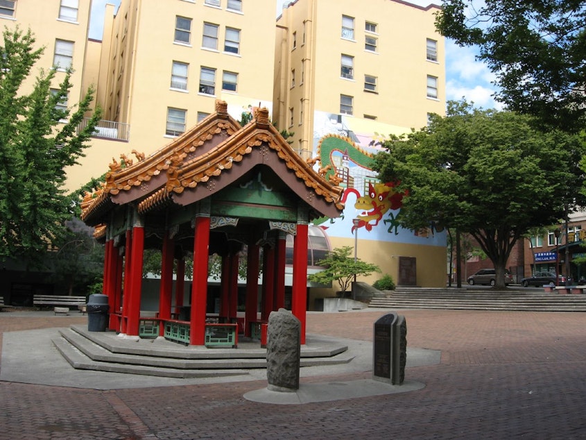 caption: Hing Hay Park in Seattle's International District, where Soundside host Libby Denkmann met with Maiko Winkler-Chin.