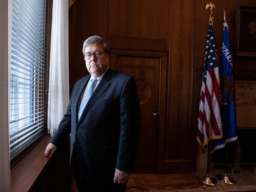 caption: William Pelham Barr, American attorney General and government official posing for a portrait at a conference room at the Department of Justice in Washington D.C.