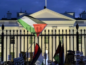 caption: Anti-war activists protest outside of the White House during a pro-Palestinian demonstration asking for a cease-fire in Gaza in Washington on Nov. 4.