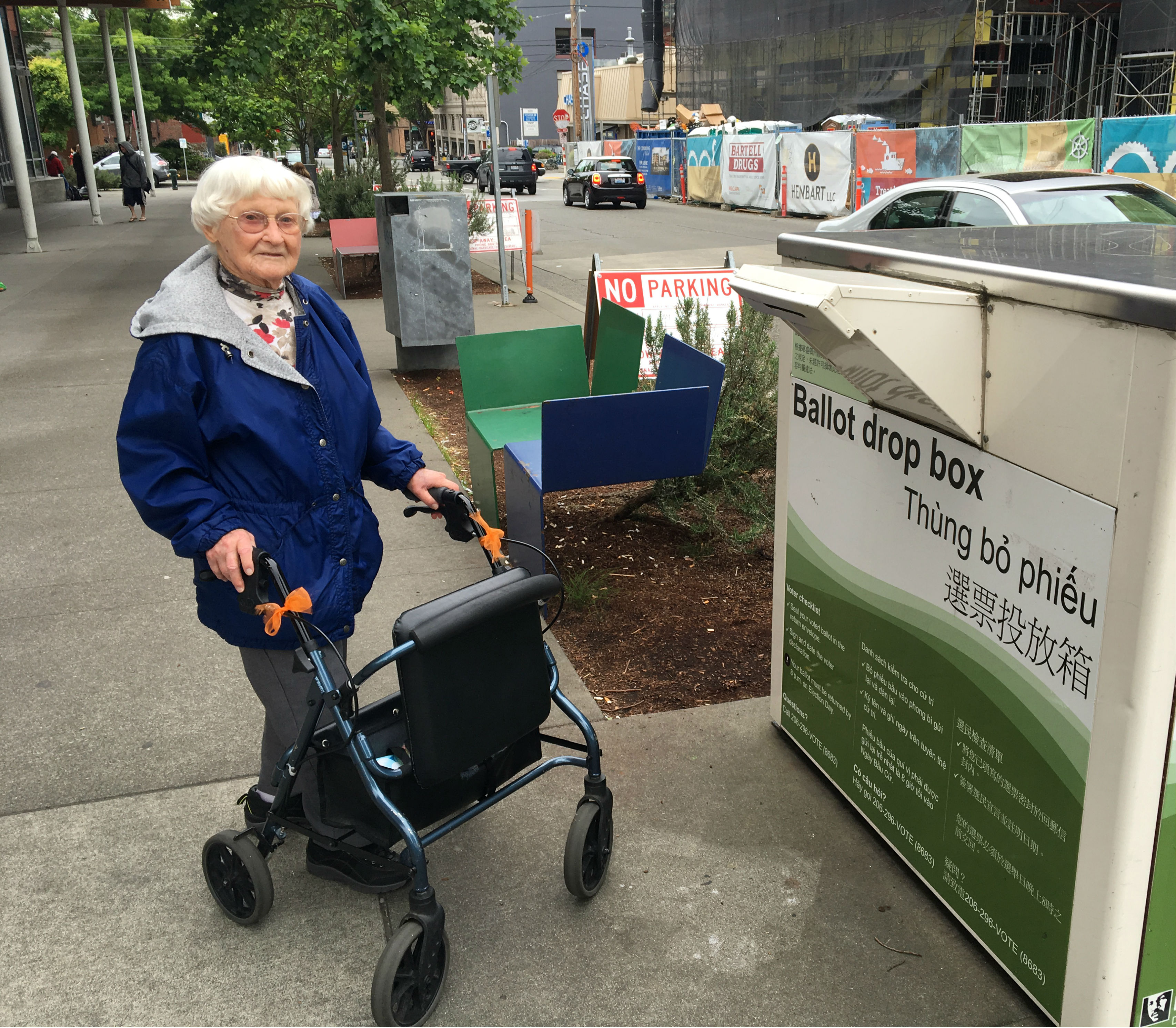 caption: Madelyne Kassebaum says she's 100 years old and has voted in nearly every election she could. 'That's my duty,' she said as she dropped off her ballot outside the Ballard public library on Tuesday, May 24, 2016.