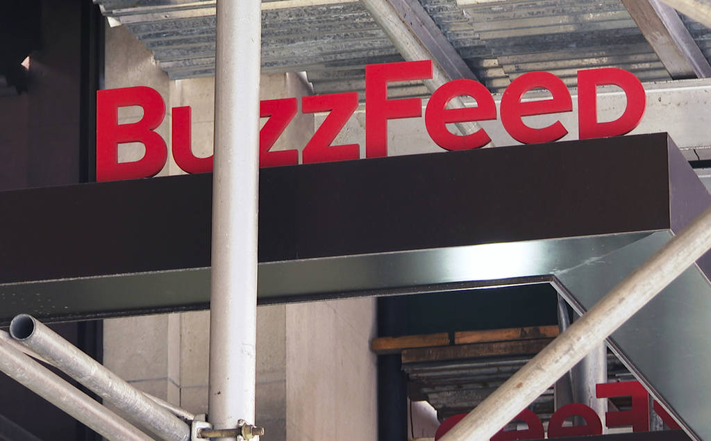 caption: The entrance to BuzzFeed in New York is seen on Nov. 19, 2020. 