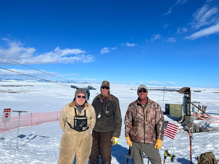 caption: Michael Church Saelens (center) with fellow Badger Mountain volunteer lift operators.
