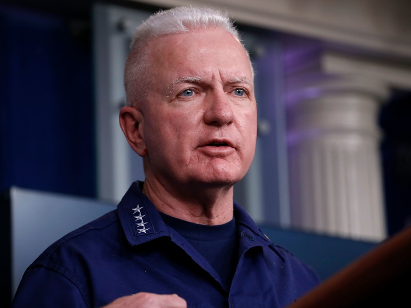 caption: Adm. Brett Giroir, who has been leading federal coronavirus testing efforts, speaks during one of the daily White House coronavirus task force briefings in April.