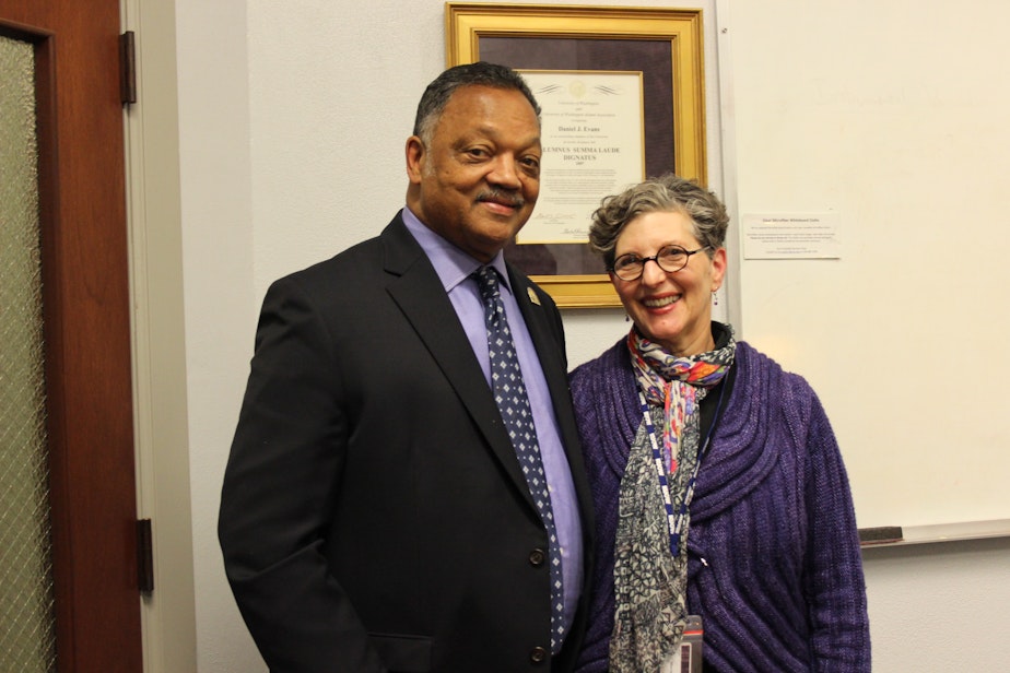 caption: The Reverend Jesse Jackson speaks with KUOW's Marcie Sillman about tech industry diversity on the University of Washington campus on Tuesday, Dec. 2, 2014.