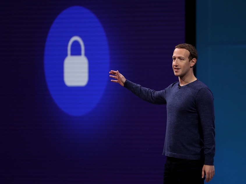 caption: Facebook CEO Mark Zuckerberg speaks during the Facebook F8 developers conference on May 1, 2018, in San Jose, Calif.