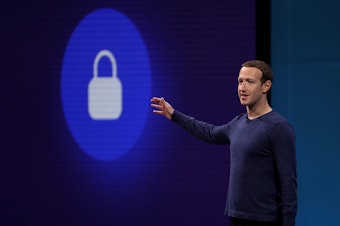 caption: Facebook CEO Mark Zuckerberg speaks during the Facebook F8 developers conference on May 1, 2018, in San Jose, Calif.