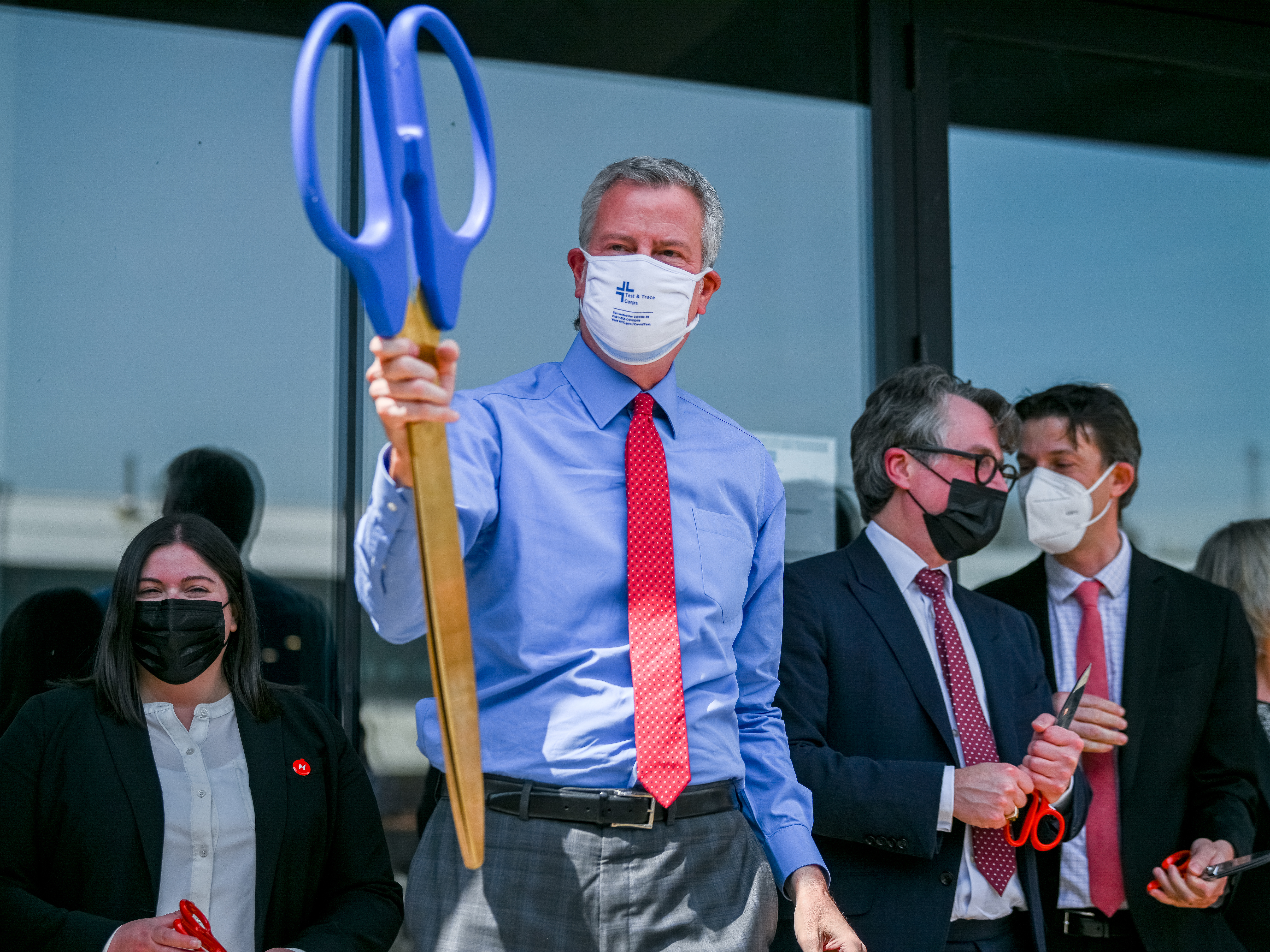 caption: "We are ready for stores to open, for businesses to open," New York City Mayor Bill de Blasio said on Thursday, as he announced a plan to reopen his city on July 1. The mayor cut the ceremonial ribbon on a high-tech manufacturing hub in Brooklyn on Wednesday.