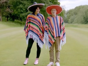 caption: <em>The Great British Bake Off</em> hosts Noel Fielding and Matt Lucas opening the "Mexican Week" episode while wearing sombreros and sarapes.