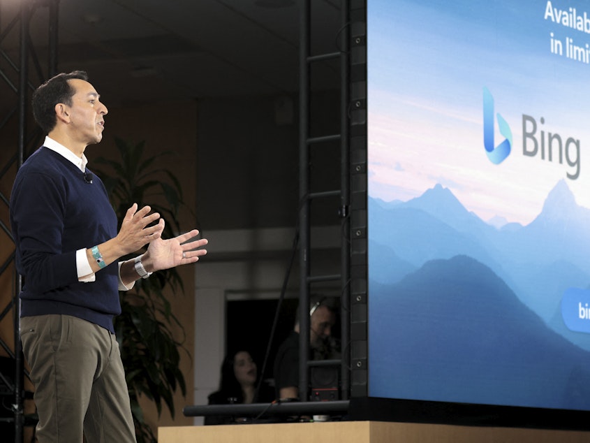caption: Yusuf Mehdi, Microsoft corporate vice president of modern Llife, search, and devices speaks during an event introducing a new AI-powered Microsoft Bing and Edge at Microsoft in Redmond, Wash., earlier this month.