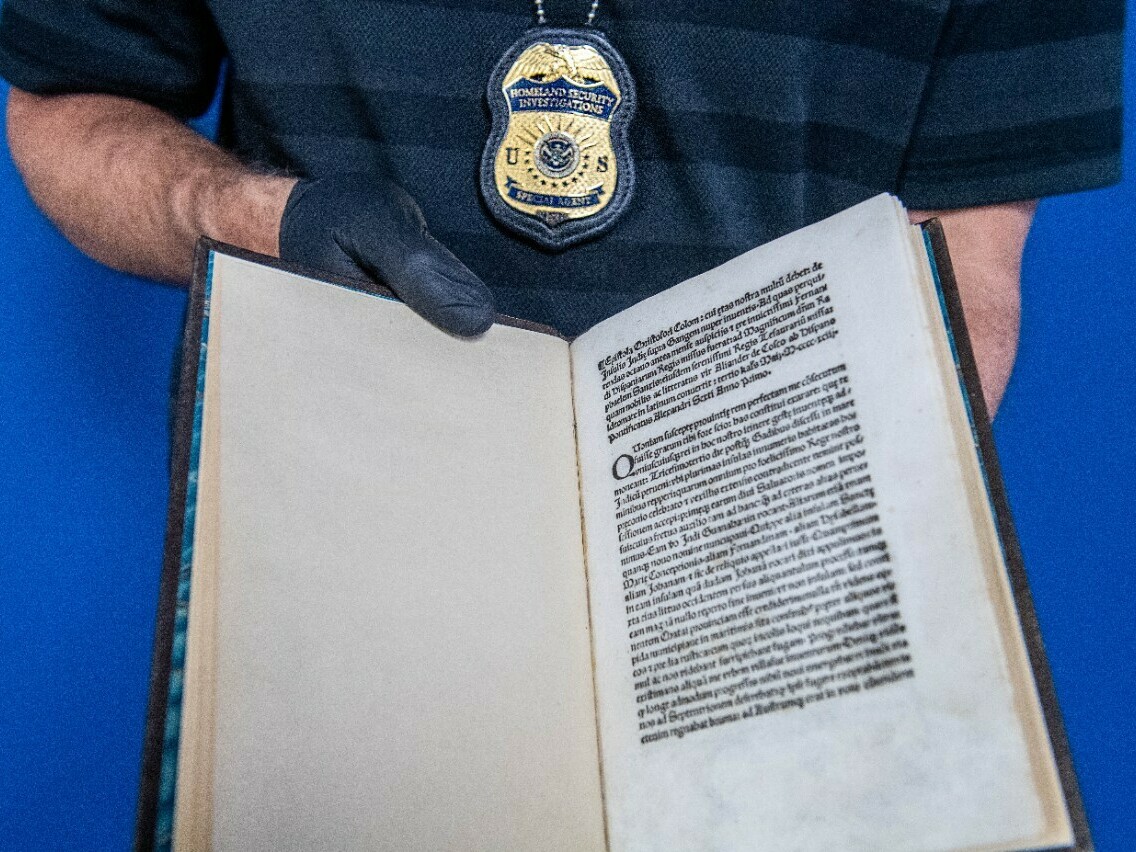 caption: After Columbus wrote the letter in 1493, it was reprinted in Latin and circulated across Europe. Several copies have resurfaced in the U.S., including this one stolen from Venice in the 1980s.
