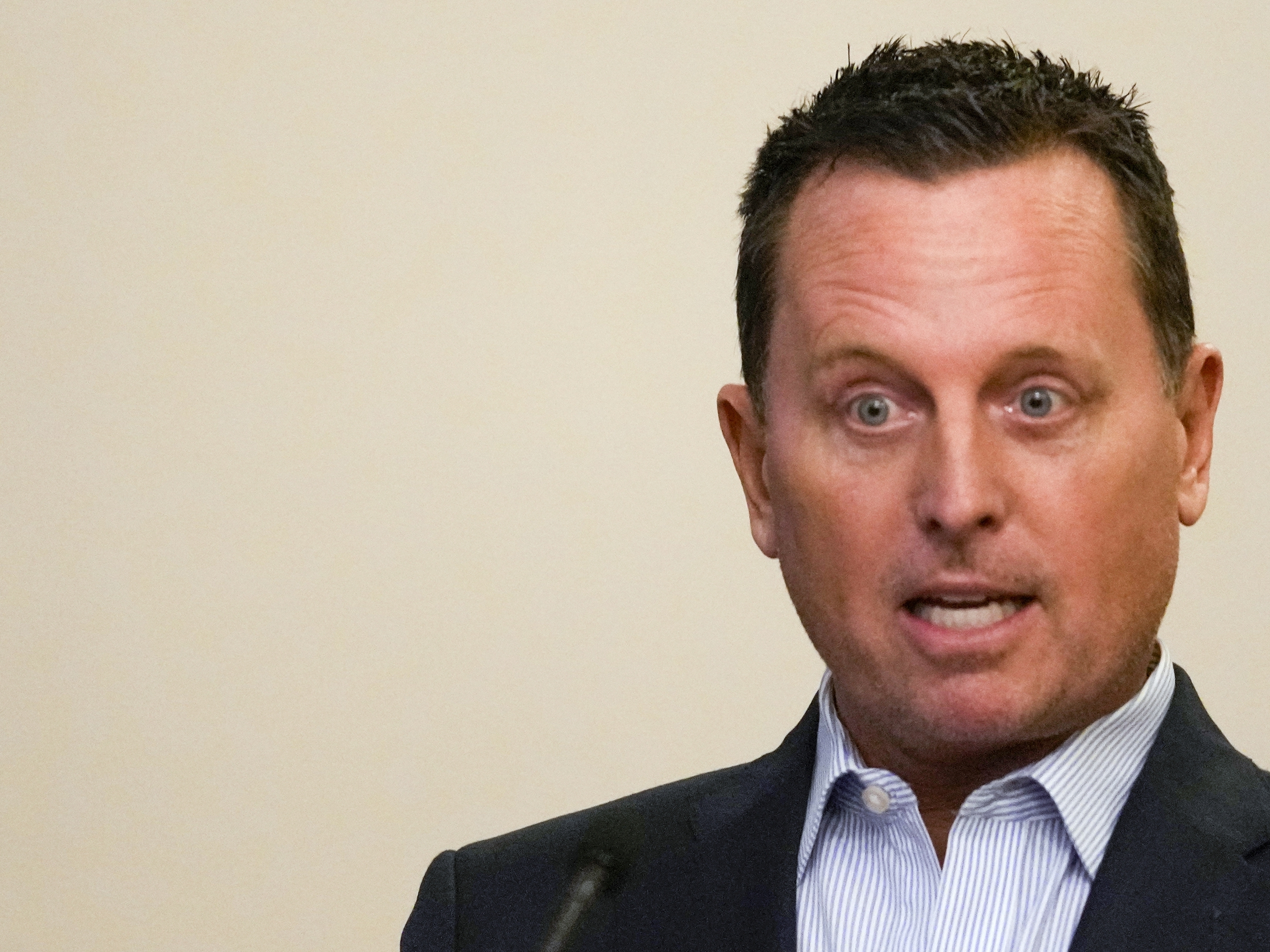 caption: Richard Grenell speaks during a ceremony in Belgrade, Serbia, in October 2023. President-elect Donald Trump has announced he's picked the longtime foreign policy adviser to serve as an envoy for special missions
