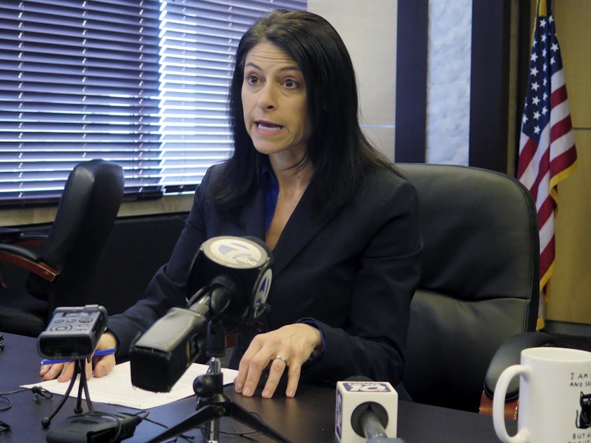 caption: Michigan Attorney General Dana Nessel announced Tuesday her office is investigating threats against members of the Wayne County Board of Canvassers. Nessel seen above in March during a news conference in Lansing, Mich.