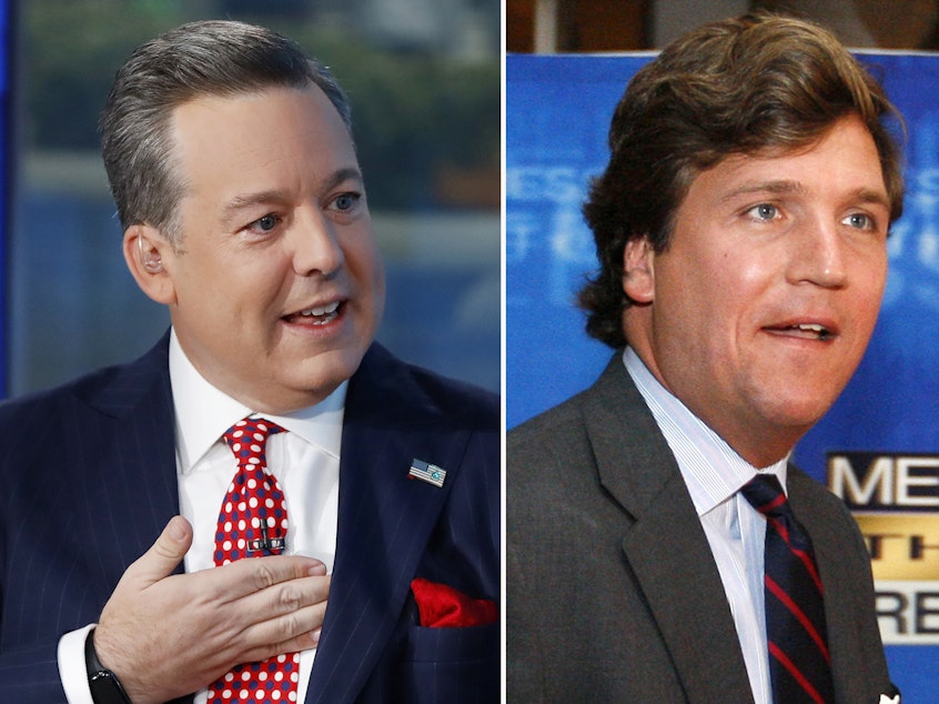 caption: In this combination photo, Ed Henry, from left, speaks on "Fox & Friends" in 2019, in New York, Tucker Carlson arrives for the 60th anniversary celebration of NBC's <em>Meet the Press, </em>in 2017 in Washington and Sean Hannity during a taping of his show in 2018, in New York.