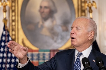 caption: President Biden speaks at the White House on Thursday, as he sought to emphasize his cooperation with the investigation and defended his fitness for office.