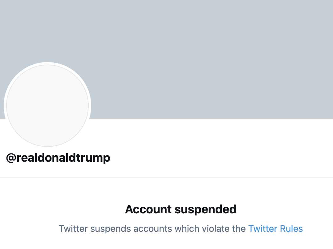 caption: President Trump's Twitter account, @realDonaldTrump, has been permanently suspended, the company announced.