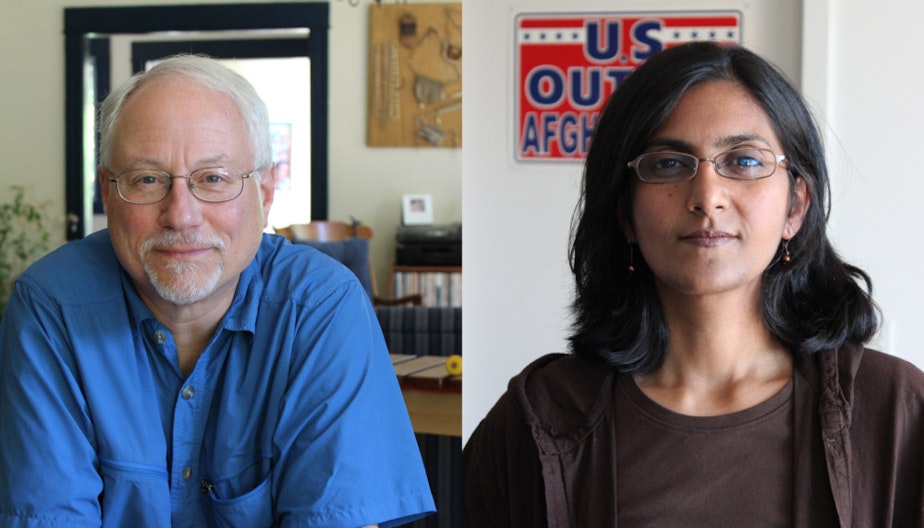 caption: Seattle City Council candidates Richard Conlin and Kshama Sawant.