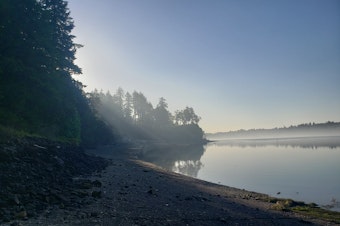 caption: Smoke from a nearby 41-acre wildfire hangs above the tidelands of Little Skookum Inlet and Totten Inlet on south Puget Sound on Sunday morning, May 14, 2023.