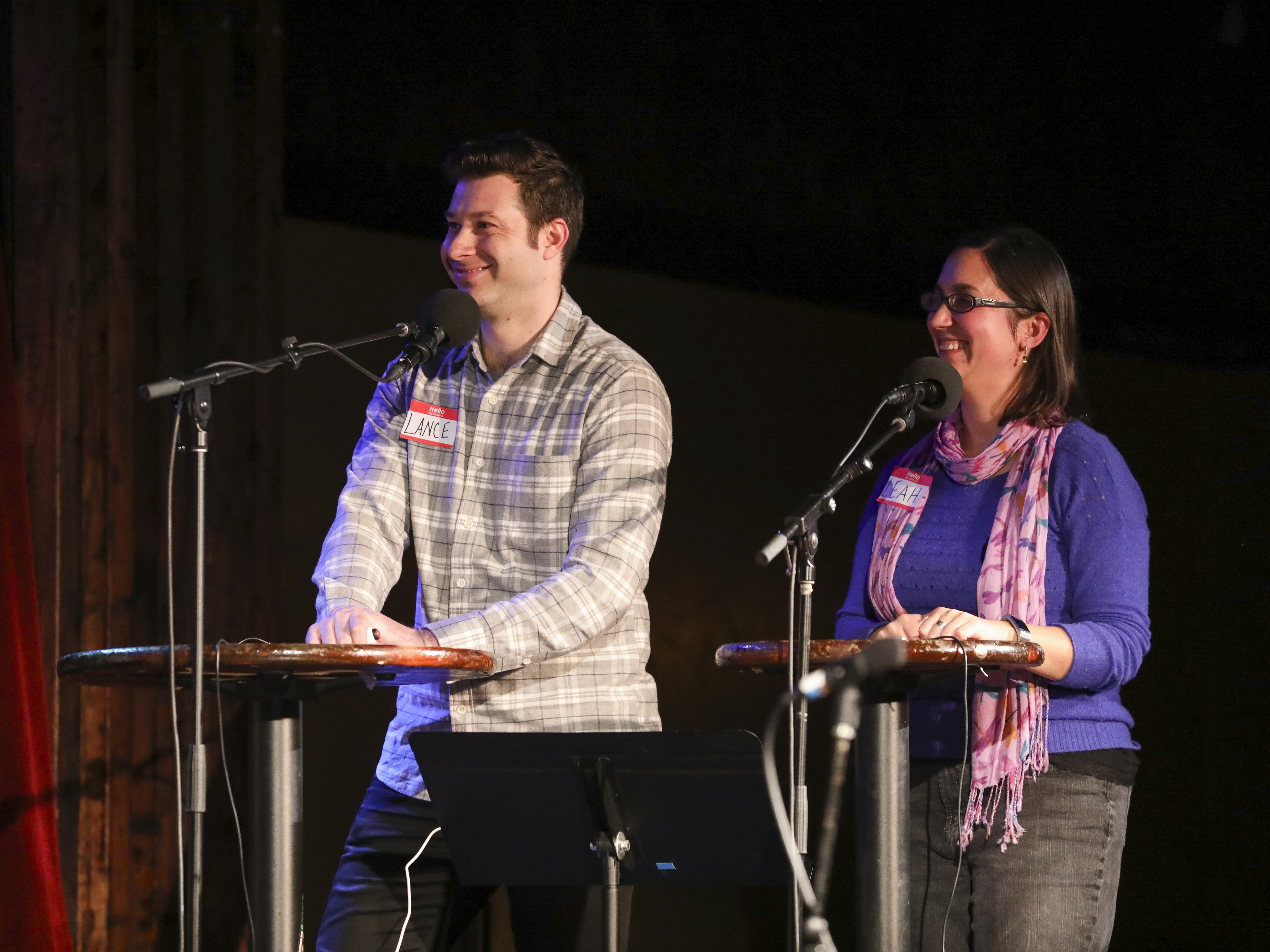 caption: Lance Merlo and Leah Berkowitz return to compete in <em>Ask Me Another</em>'s Tournament of Champions at the Bell House in Brooklyn, New York.