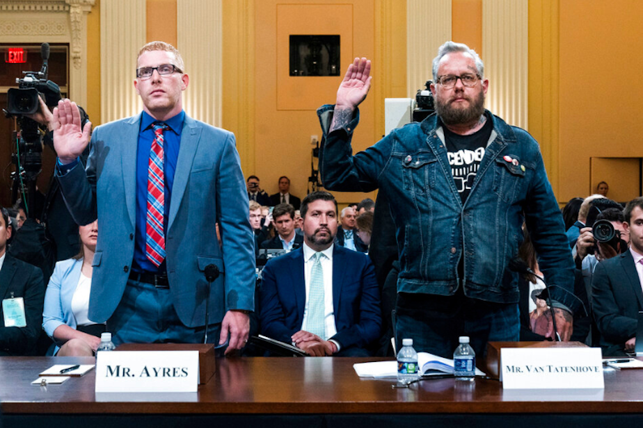 caption: Stephen Ayres, who pleaded guilty last in June 2022 to disorderly and disruptive conduct in a restricted building, left, and Jason Van Tatenhove, an ally of Oath Keepers leader Stewart Rhodes, are sworn in to testify as the House select committee investigating the Jan. 6 attack on the U.S. Capitol holds a hearing at the Capitol in Washington, Tuesday, July 12, 2022. 
