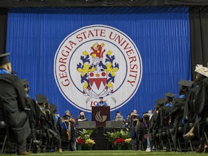 caption: Applicants to Georgia State University received a welcome email for the 2024-25 school year. However, the email was sent in error to 1,500 applicants by the school's admissions office. Here, the campus celebrates its fall commencement exercises on Dec. 17, 2014, in Atlanta.