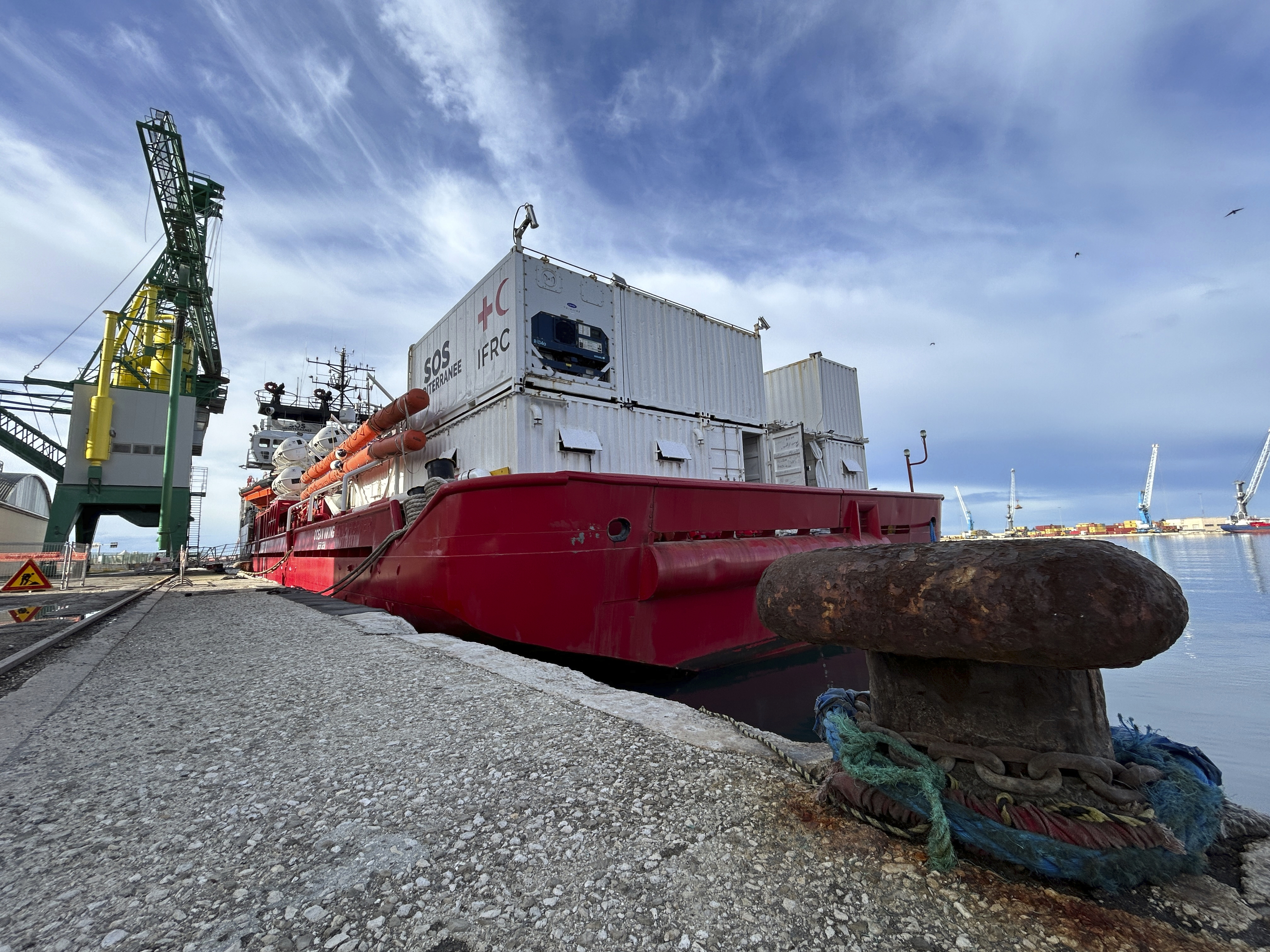 caption: The Sos Mediterranee-run charity rescue ship, Ocean Viking, is moored in Bari, southern Italy, Monday, Jan. 8, 2024.