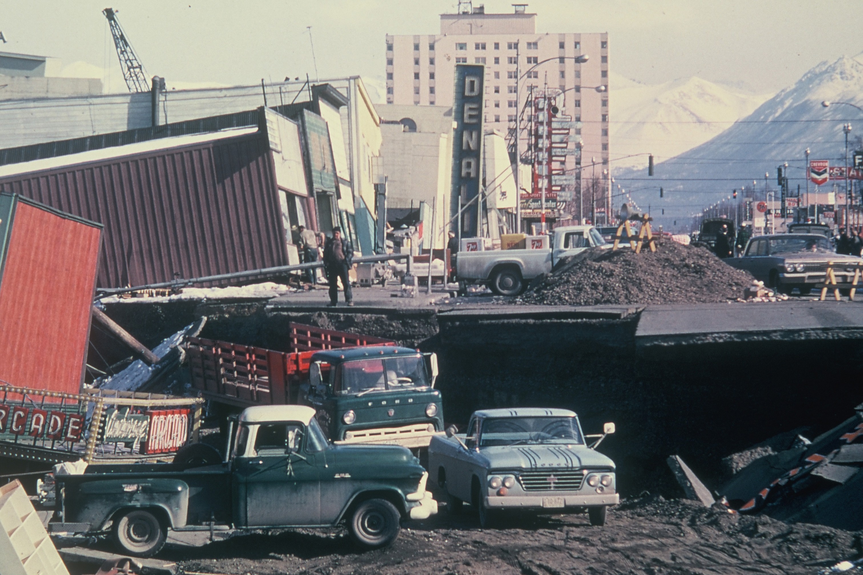 caption: A massive earthquake on March 27, 1964, devastated Anchorage, Alaska, and killed 131 people in three states, all but 9 of them by tsunami waves.