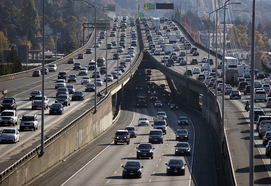 caption: Traffic on Interstate 5 in Seattle