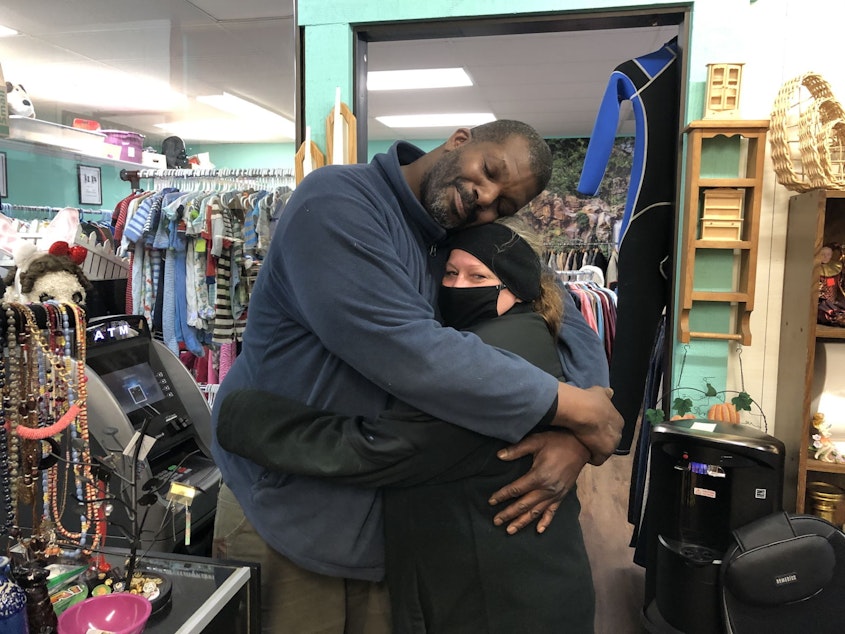 caption: Edward Myers and Ursula Wasmer in the Blessed Treasure thrift store in Belfair, Washington, a few days after Election Day 2020. The thrift store is in the only Puget Sound-area county that went for President Donald Trump as of Wednesday night. Washington state overall went for Joe Biden.