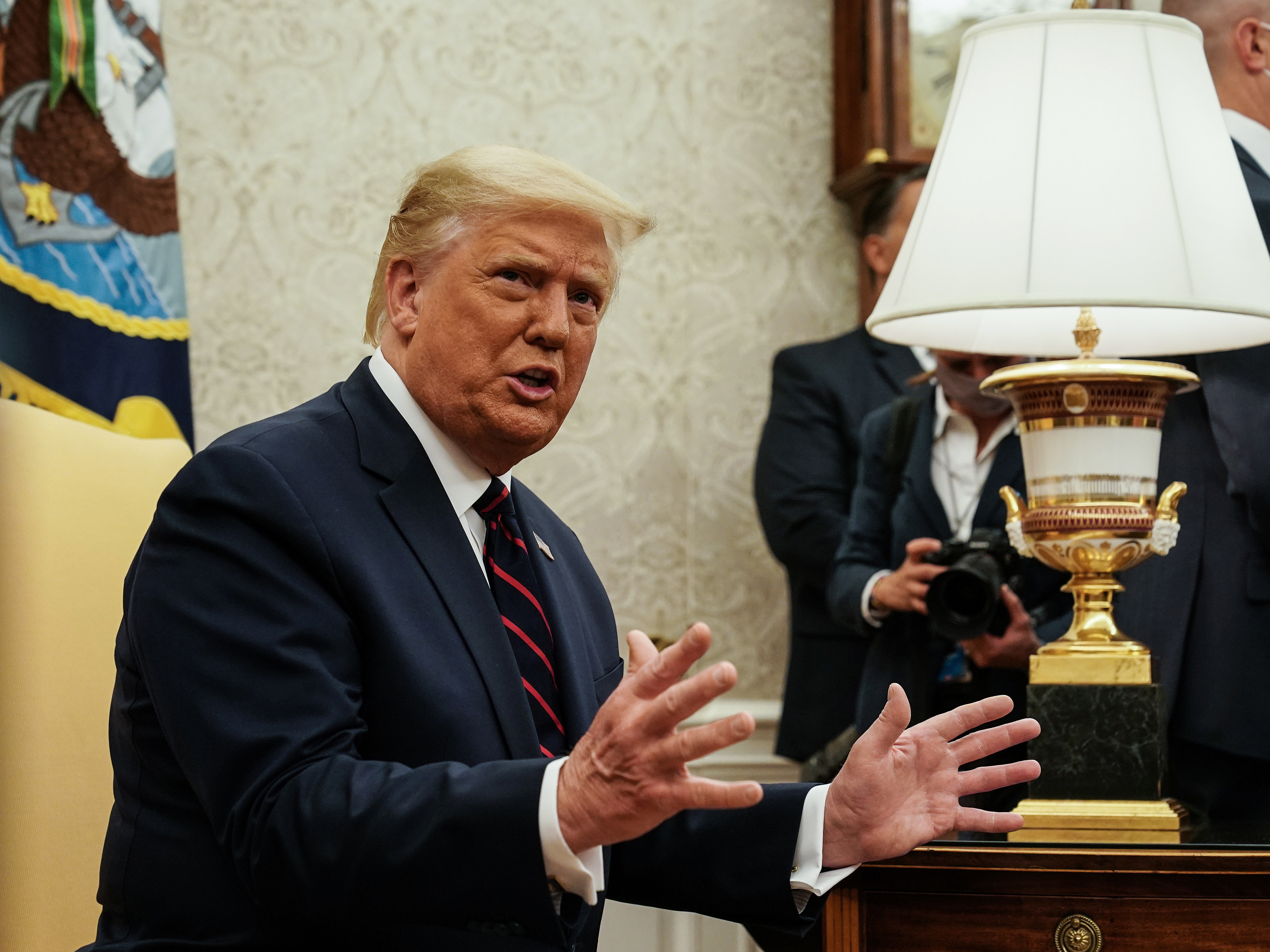 caption: After meeting with Iraqi Prime Minister Mustafa al-Kadhimi in the Oval Office, President Trump addressed the judge's ruling, calling the case a "continuation of the witch hunt."