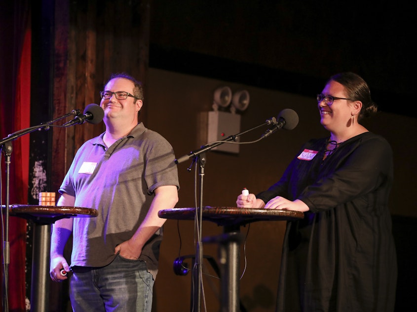 caption: Contestants David Grazian and Sam Grossman appear on <em>Ask Me Another</em> at the Bell House in Brooklyn, New York.