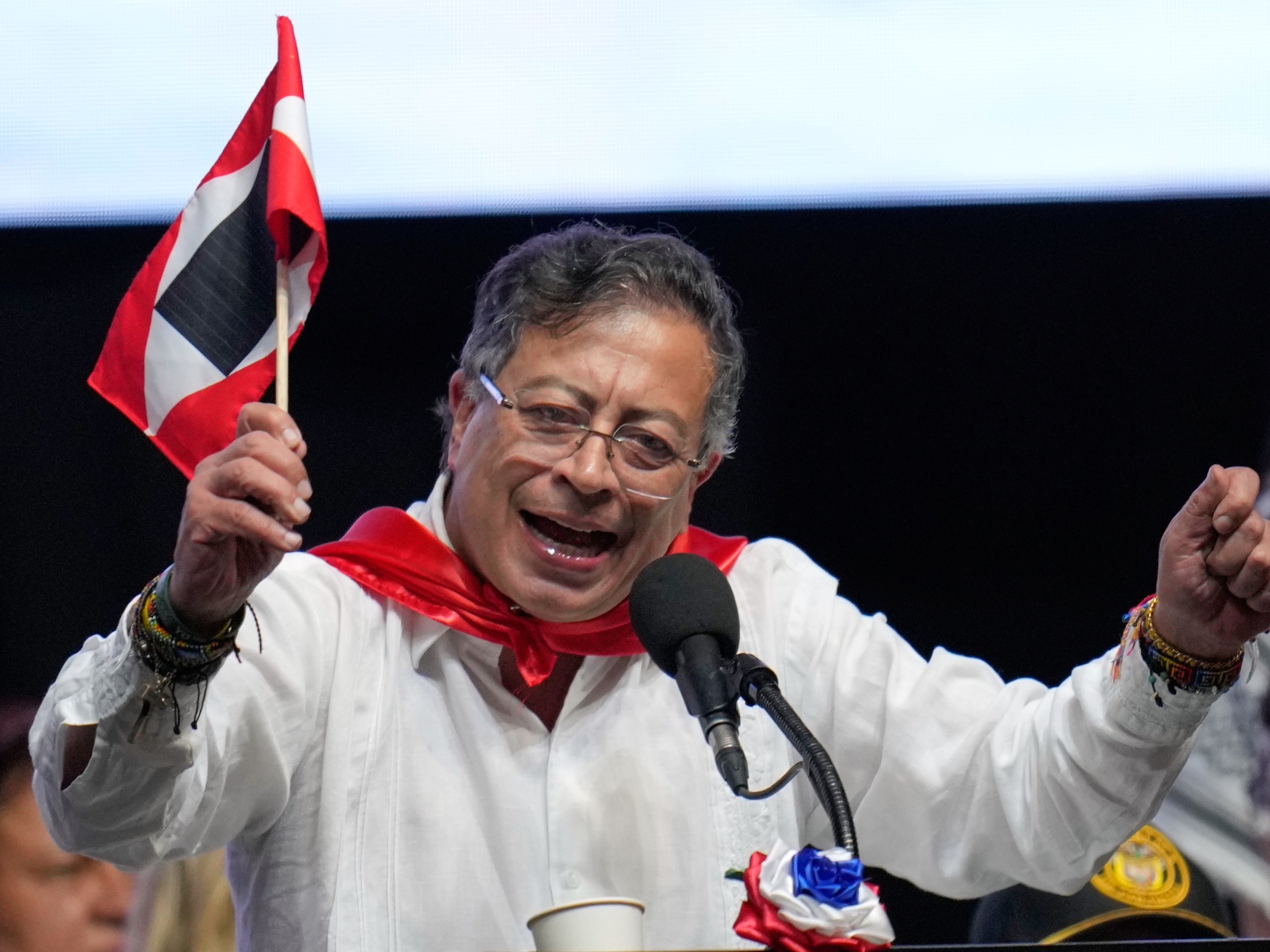 caption: Colombian President Gustavo Petro addresses supporters during a rally in Ibague, Colombia, Oct. 3.