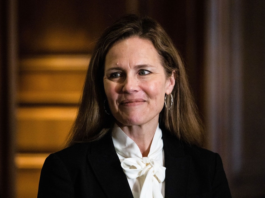 caption: Judge Amy Coney Barrett, pictured on Capitol Hill on Oct. 1, is participating in her Supreme Court confirmation hearings this week.