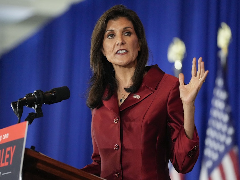 caption: Republican presidential candidate former UN Ambassador Nikki Haley speaking at an election night event, Saturday, Feb. 24, in Charleston, S.C.